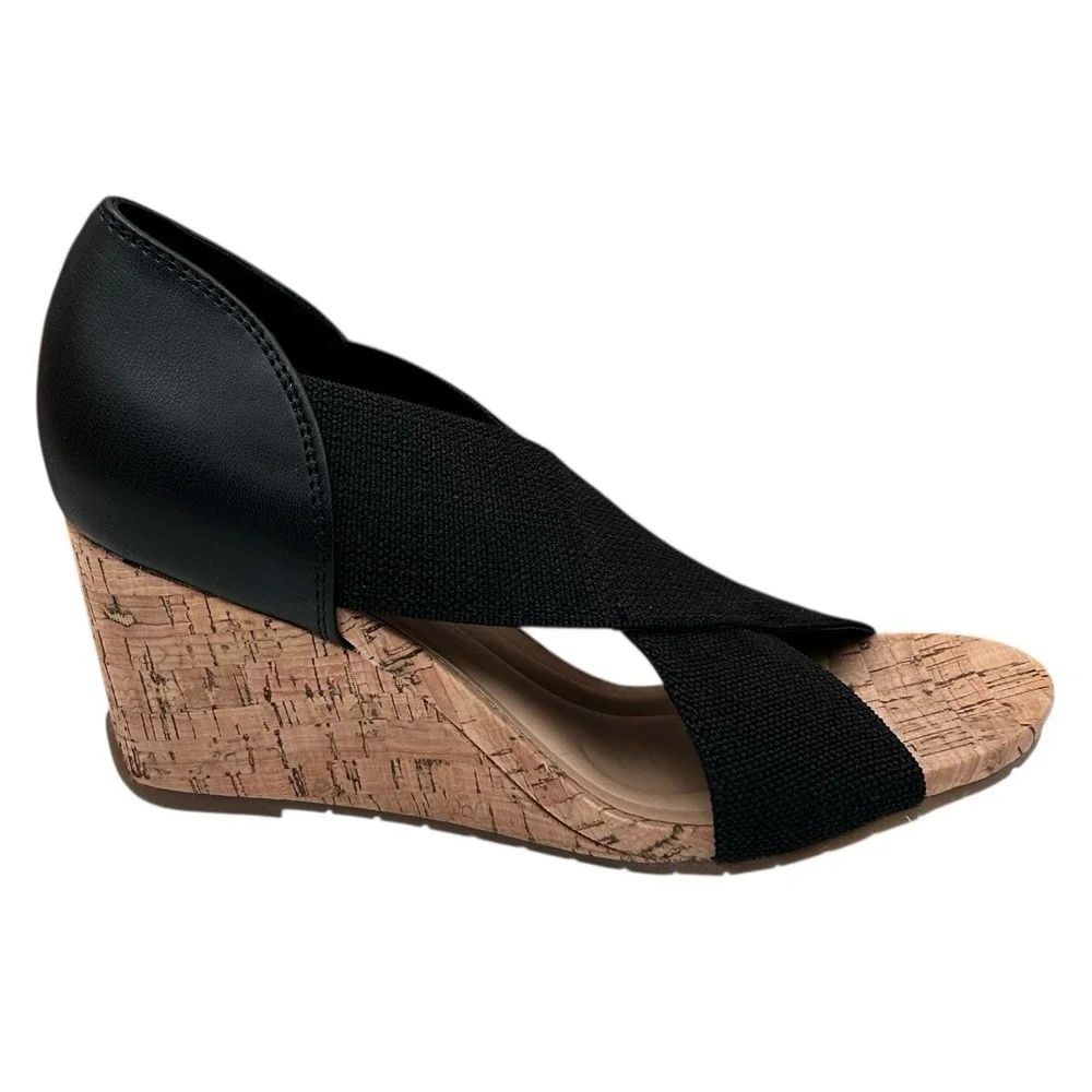 Kenneth Cole Gelena Women's Stretch Cork Wedge‎ Sandal Size 9 Black-Tan Open Toe
